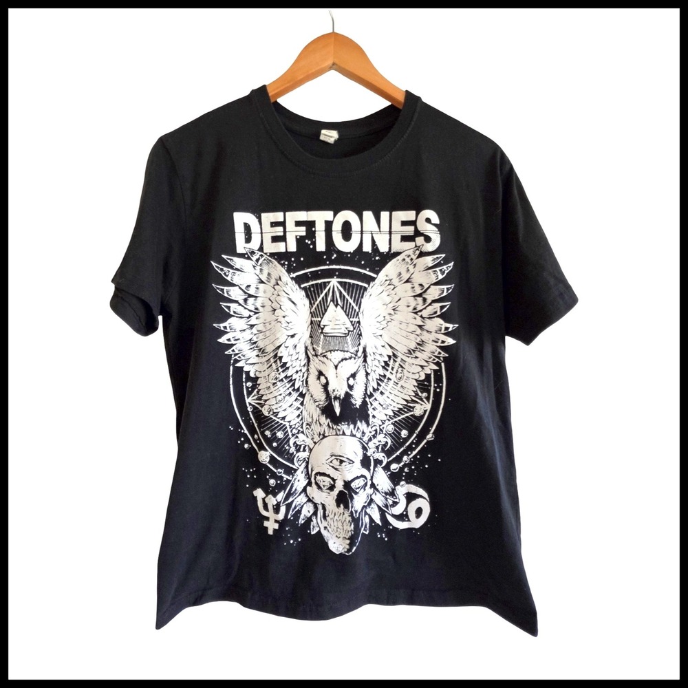 Deftones Band T-Shirt Mens Large Black Graphic Owl Skull Short Sleeve Cotton Tee